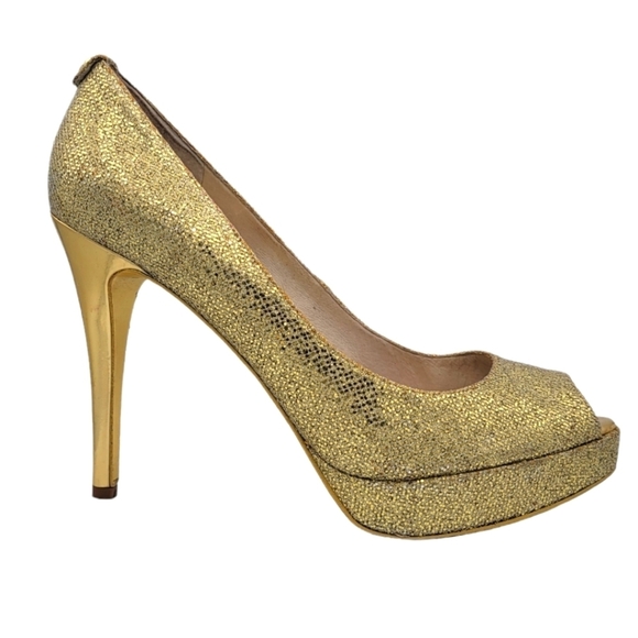 MICHAEL Michael Kors Gold Glitter 5" Heels Size 9.5M Leather - Picture 1 of 8